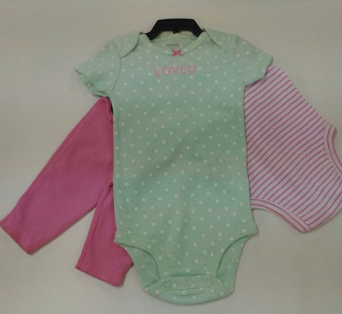 Carters Baby 3 PC Polkadot Green, Stripped Pink Shirts and Pink Long Pant